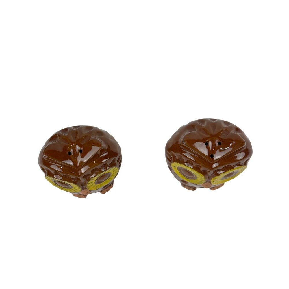 Vintage Owl Salt And Pepper Shakers Set Large Brown Yellow Eyes Ceramic - Picture 10 of 10